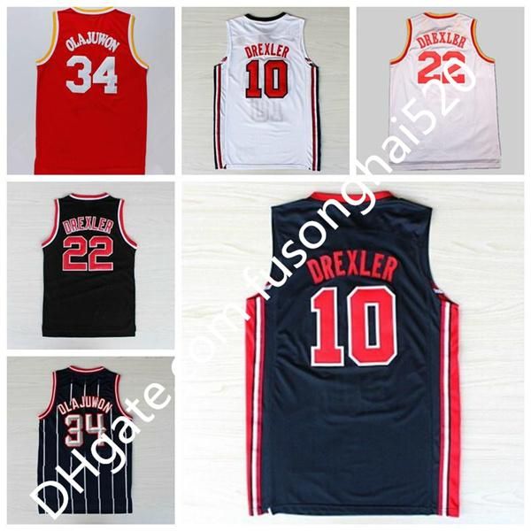 

34 hakeem olajuwon jersey throw back uniform 1992 usa dream team one 10 clyde drexler shirt 22 rev 30 new material red white blue, Black;red