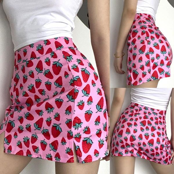 

skirts fashion slim ladies strawberry printing high waist bag hips split skirt female girls casual all-match pink a-skirt 2021, Black