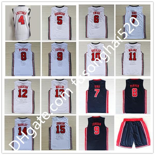 

1992 dream team shorts laettner 4 robinson 5 ewing 6 bird 7 pippen 8 michael 9 drexler 10 malone 11 johnson 15 white blue basketball jersey, Black;red