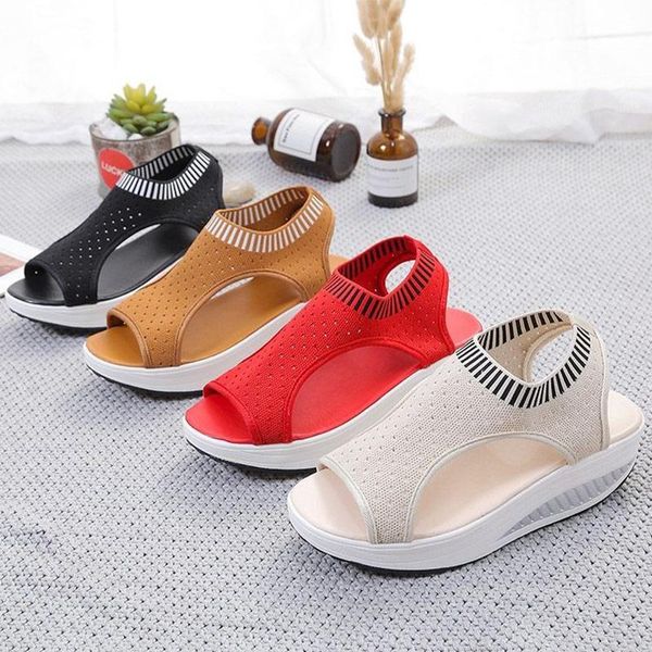 

women summer wedges shoes woman sandals slip on stretch farbic hollow out peep toe casual shoes female thick pltaform fashion, Black