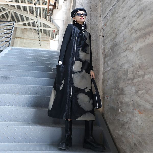 

2021 new autumn and winter o neck sleeveless mid length print plus size slim vest es for women 06zu, Black;gray