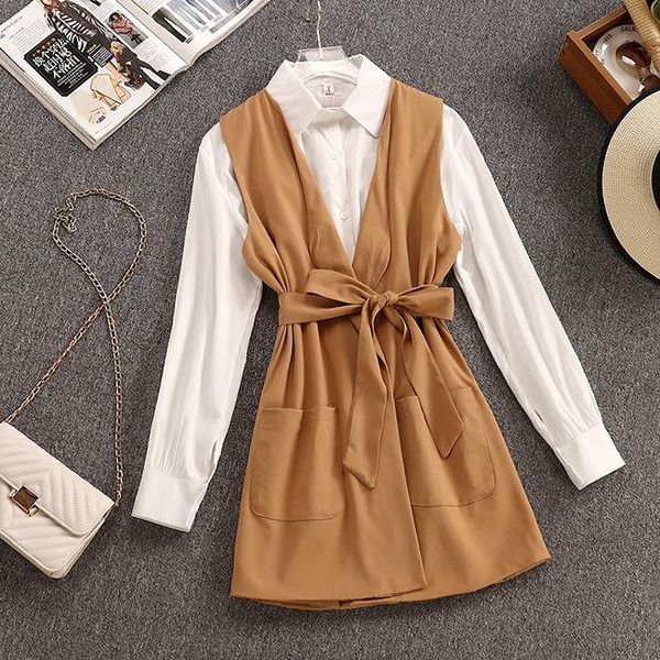 

two piece dress 2021 spring style temperament slim shirt + strap two-piece suit women, White