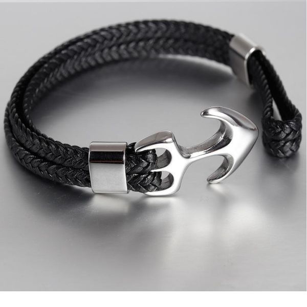 

charm multilayer men leather bracelet black gold black stainless steel survival rope anchor bracelets for men male jewe jllisp