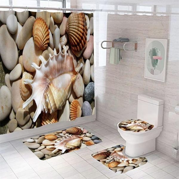 

shower curtains cobblestone shell curtain 3d print summer beach scenery bathtub screen toilet lid cover flannel bath mat set carpet home