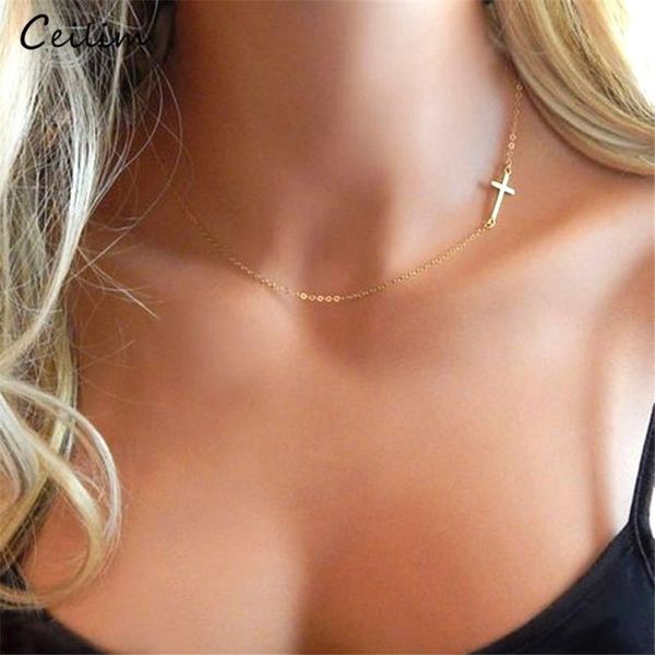 

pendant necklaces 2021 simple female sideways cross charm necklace gold color stainless steel choker neck chains for women collar jewelry, Silver