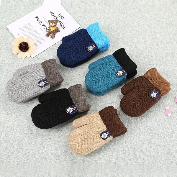 

children's mittens 4-7 kids boys girls gloves winter 2021 thicken plus velvet knitted solid keep warm children accessories, White