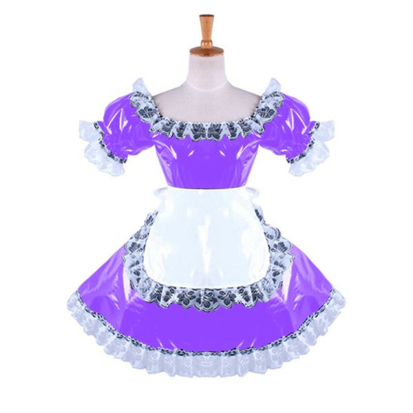 7 farben Spitze Trim Square Neck Mini Kleid Schöne Frauen PVC Maid Kleid Kurzarm A-line Kellnerin Uniform Sexy Cosplay kostüm