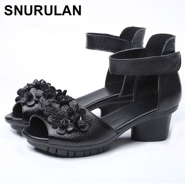 

sandals snurulan genuine leather shoes summer for woman med heels fashion floral women party gifte490, Black