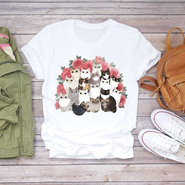 

women cat flower clothing floral kawaii 90s animal fashion print lady t-shirts womens graphic t shirt female tee t-shirt, White