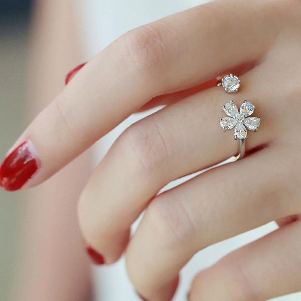 

cluster rings 925 sterling silver for women zircon flower open ring hypoallergenic jewelry gifts girls, Golden;silver