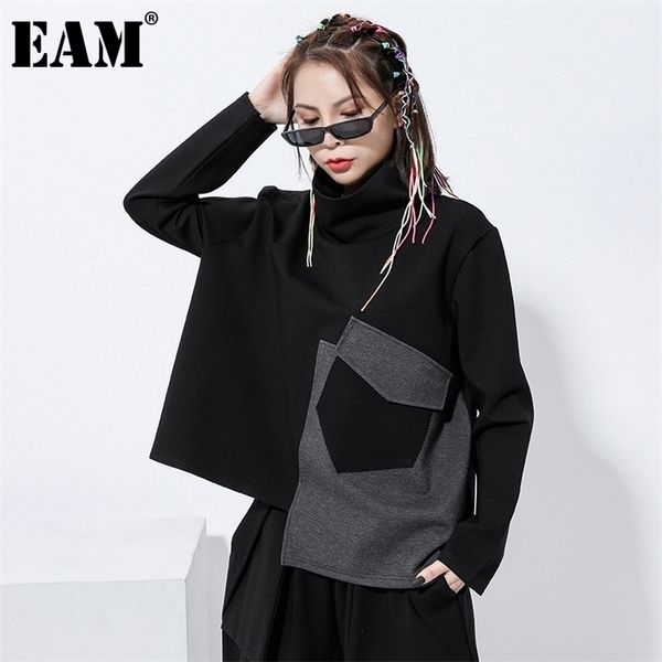 

[eam] loose fit pocket split joint sweatshirt new turtleneck long sleeve women big size fashion tide spring autumn 1z338 201126, Black
