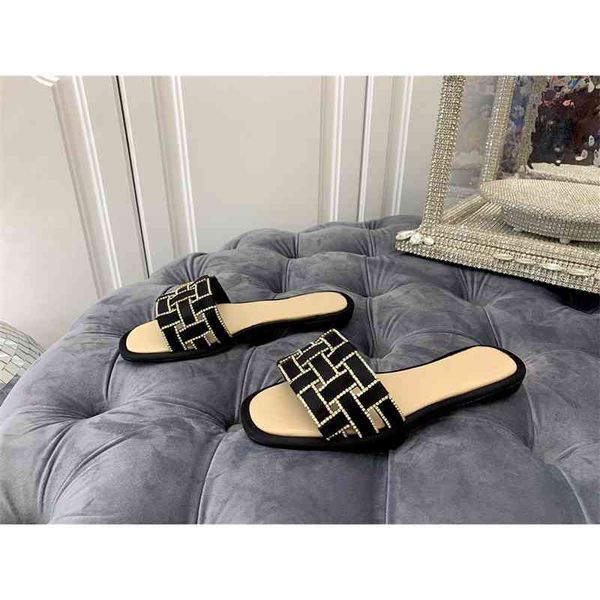 

75% off factory outlet sale 2021 luxury brand black satin woven design flat slippers open toe shiny cystal summer ladies sandals new arrival