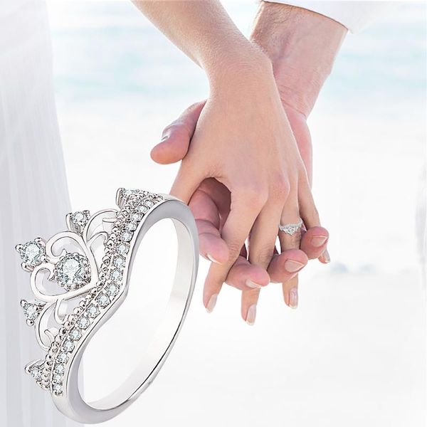 

new fashion promise crown rings for women crystal zircon bridal party wedding jewelry delicate female engagement ring hot, Slivery;golden
