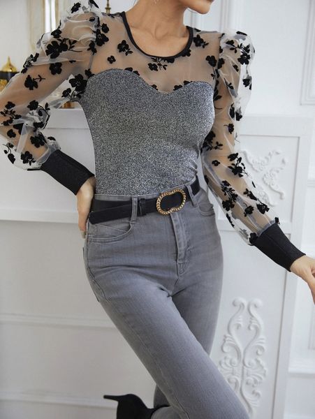 

floral print mesh gigot sleeve glitter v41i#, White