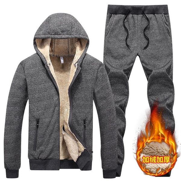 

chndal de cachemira de cordero para hombre, sudadera con capucha + pantalones para hombre, chndal grueso lana con capucha, Gray