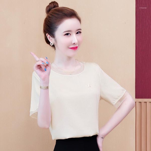 

summer short sleeve fashion pullover women blouse shirt ladies loose chic casual blouses girls chiffon simple women's & shirts, White