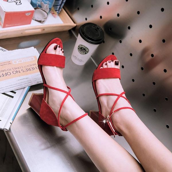 

sandals small size 32 33 women's cross strap ankle buckled faux suede block high heels shoes woman oversized 43 black beige red