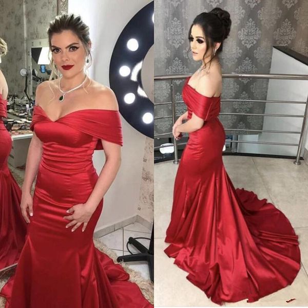 

custom made off the shoulder mermaid evening dresses with short sleeves sweep train satin formal prom party gowns, Black;red