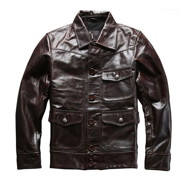 

men's genuine leather jacket multi-pocket brown oil wax cowhide coat spring autumn casual & faux, Black