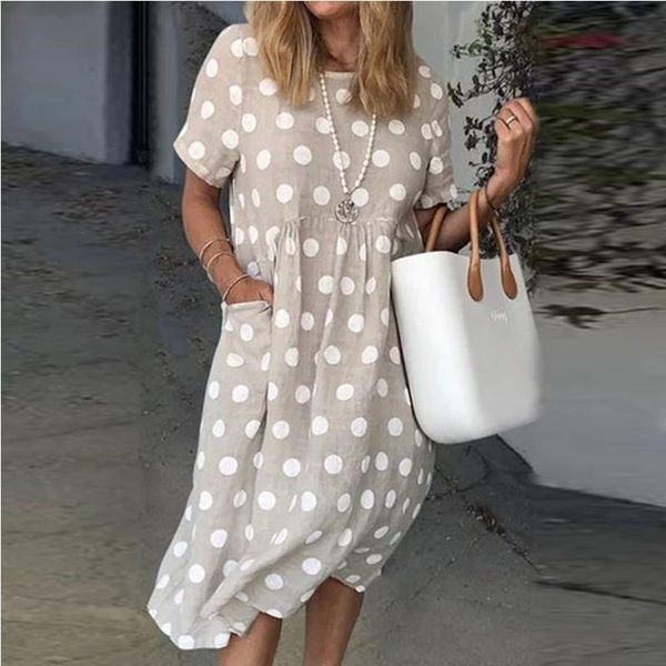 

summer short sleeve loose party dress casual women plus size pocket dress elegant retro dot daisy print sundress vestidos kz002 210316, Black;gray