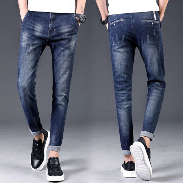 

men's 2021 new stretch quarter korean slim fit small leg jeans 209, Blue