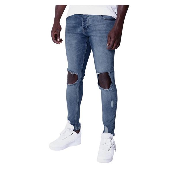 

men's jeans pleated straight pants streetwear mens summer casual bodybuilding pocket denim hole sports full length trouser, Blue