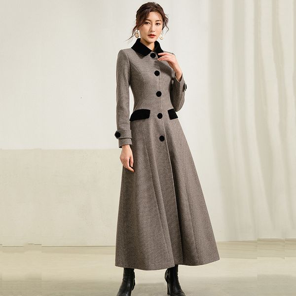 

casual dresses women long wool coat autumn winter fashion elegant thicken houndstooth slim woolen outerwear female mpgi, Black;gray