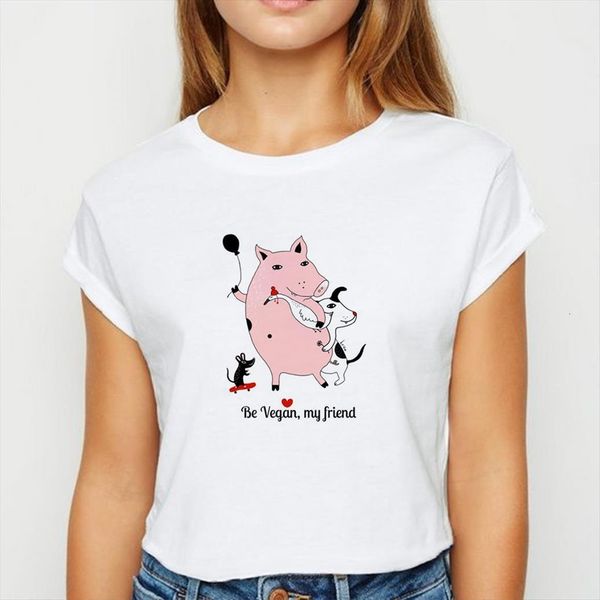 

vegetarian pig harajuku spring summer women recreational comfortable o collar, White