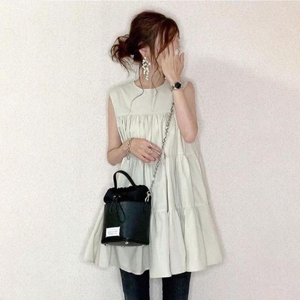 

loose women blouse 2021 summer sleeveless round neck shirts blouse casual korean janpan female white long blouse simple