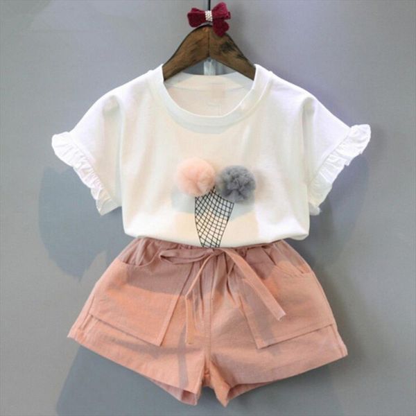 

girls clothes set summer short sleeve flower t shirt bowknot shorts for girl kids children clothing 3 7y, White