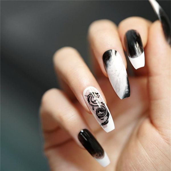 

false nails 24pcs/set punk black dragon pattern full cover long ballerina acrylic nail art tips with glue beauty press on, Red;gold