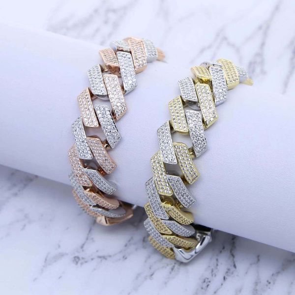 

5a cz necklace cuban punk chain bracelet for men bangle necklace set iced out bling 3 row 19mm width hip hop f1211, Golden;silver