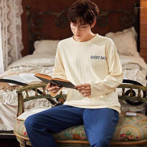 

full pure cotton pajamas men long sleeve pijama set for male plus size sleep clothing casual nightie sleepwear man pyjamas suit men's, Black;brown