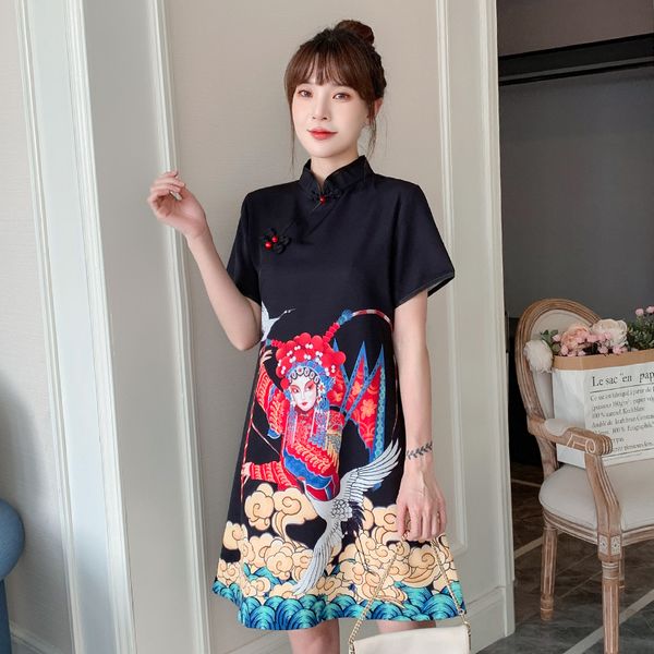 

plus size -4xl summer dress of vintage chinese women printed short-sleeve print mini black dresses 2021 new big outfit cziv, White