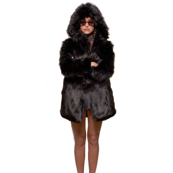 

cool black imitation cashmere women's fur coat, high-quality stand-up collar, retro comfort, mth, fashion, travel and commute