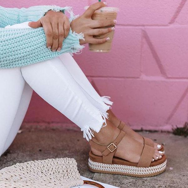 

women shoes high flat platform sandals straw thick bottom ladies sandals peep toe beach belt buckle summer shoes woman, Black