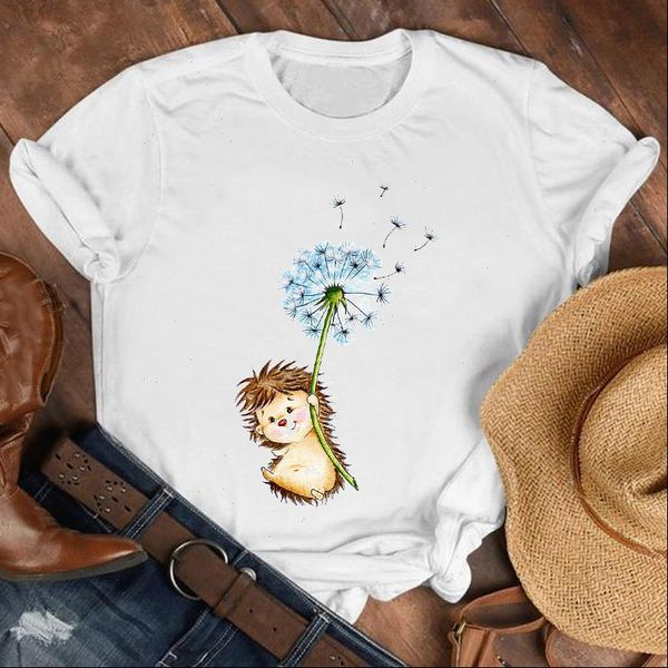 

womens t shirt hedgehog dandelion print women short sleeve o neck loose tshirt tee clothes camisetas mujer, White