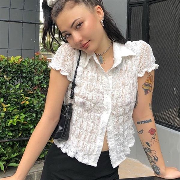 

women white shirt ruffle lace see through blouses turn down collar shirts short sleeve tees street clothing 220315