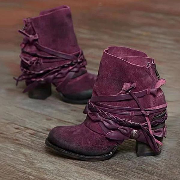

2021 new vintage cross strap high heels ankle for women faux suede belt buckle short boots woman plus size 43 casual shoes 1tsn, Black
