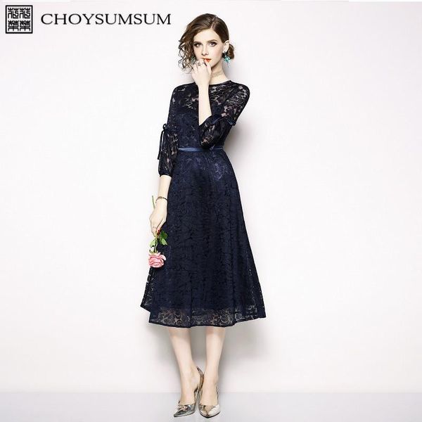 

casual dresses choysumsum 2021 autumn women navy blue bow lantern sleeve a line elegant lace midi ball gown dress, Black;gray