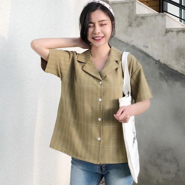

women summer green red plaid cotton v neck short sleeve blouse female plus size casual shirt haut femme kimono roupas, White
