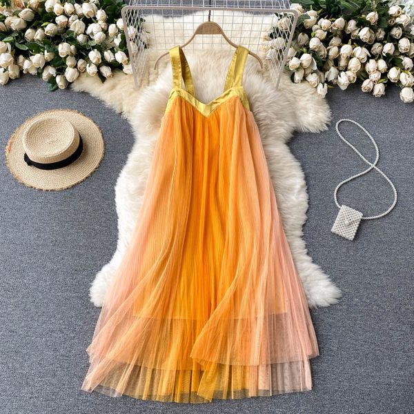 

summer draped mesh spaghetti strap midi dress beach vacation gradient purple/green/yellow slim party vestidos female new, Black;gray