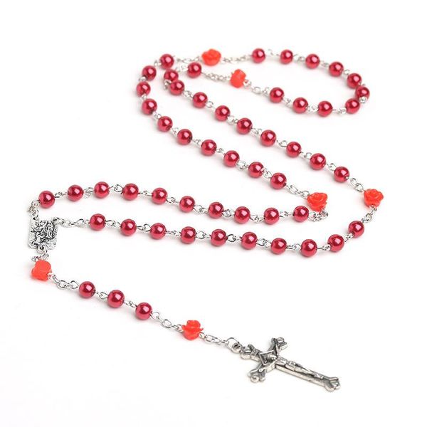 

chains 2021 jesus cross religious ornaments christian catholic rose beads 6mm colorful rosary necklace, Silver