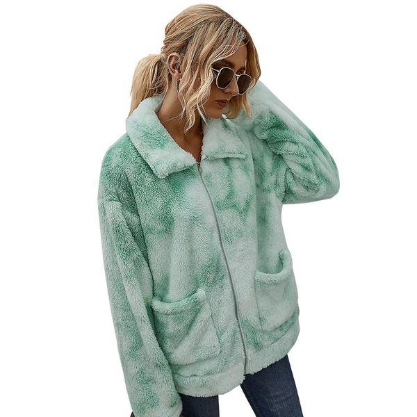 

women's fur & faux winter clothing tie-dyed velvet coat lapel long sleeve zipper warm jacket imitation overcoat female, Black