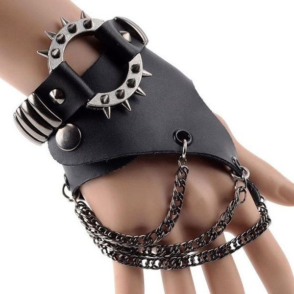 

link, chain harajuku rivet leather bracelet punk men chains wide bangle spike gothic women steampunk pu fashion gift, Black