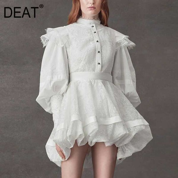 

[deat] stand collar long sleeve ruffle embroidery white shirt high waist shawl elegant dress two piece set women summer 210527