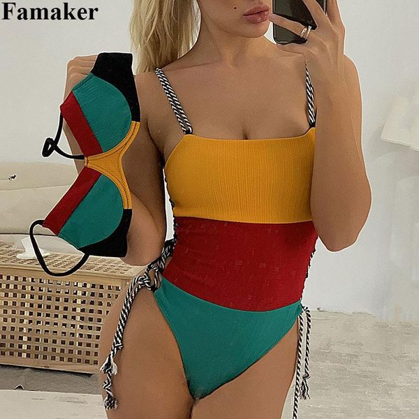 

one-piece suits 2021 patchwork swimwear stitching bandage bikini swimsuit mid waist push up split set monokini biquini