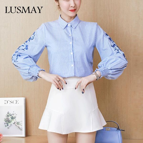 

women's blouses & shirts embroidery lantern long sleeve women spring 2021 fashion collar stripe shirt korean casual blue clothing, White