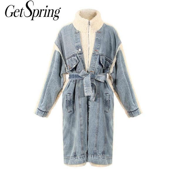 

women's fur & faux getspring women winter coat denim stitched lamb hair thickened loose long jacket irregular lace up overcoat, Black