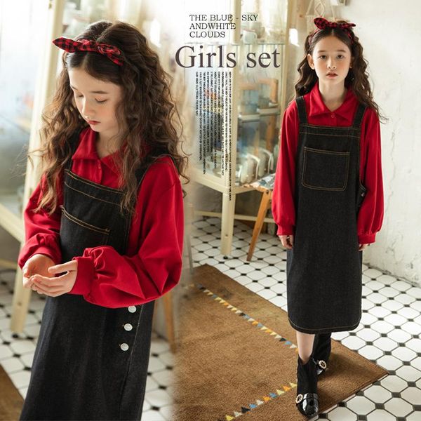 

clothing sets girls strap skirt suit 2021 teenage long sleeve shirt denim dress 2 pcs set fashion cotton kids tracksuit, White